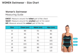 Size chart for women's performance swimwear